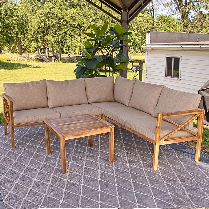 Sunnydaze 4-Piece Acacia Wood Patio Furniture Set - Edisto Outdoor Conversation Set - Wood Outdoor Furniture - Light Brown