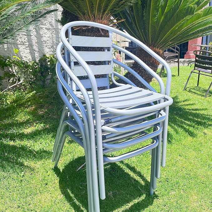 BTEXPERT Gray Indoor Outdoor Restaurant Stainless Steel Silver Aluminum + 4 Metal Slat Stack Lightweight, 4 Chairs with a 27.5" Round Table