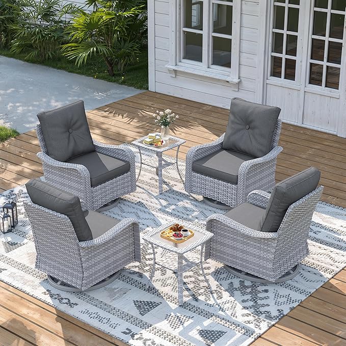 6 Piece Wicker Patio Furniture Set, Swivel Rocking Chairs with 4''Cushions, PE Rattan, Rust Resistant Frame, Double Layer Glass Side Table, for Backyard, Deck or Balcony, Black