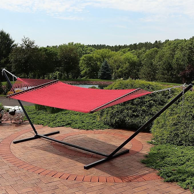 Sunnydaze Polyester Rope Double Hammock with 15-Foot Steel Stand - 400-Pound Capacity - Red