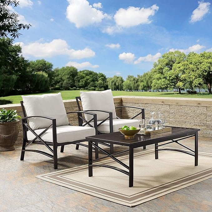 Crosley Furniture Kaplan 3-Piece Outdoor Chair and Coffee Table Set, Wicker Patio Conversation Sets for Deck, Oiled Bronze with Oatmeal Cushions