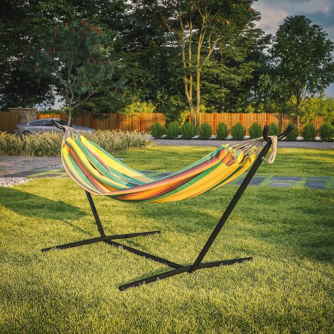 Flash Furniture Lola 2 Person Hammock with Stand and Premium Carry Bag, Cotton Hammock with Space Saving Steel Stand, 450 LBS. Static Weight Capacity, Tropical Multi