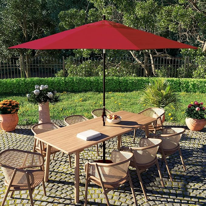 California Umbrella 11Ft Fiberglass Rib Patio Umbrella, Hand-Crank, Tilt-Collar, Bronze Frame, Solution Dyed Red Fabric