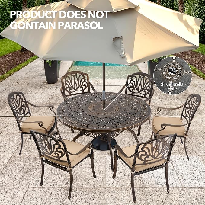 7-Piece Cast Aluminum Outdoor Table and Chairs, Classic Vintage Patio Dining Set for 6 Include 54.5" Round Dining Table and 6 Chairs with Removable Cushion and Umbrella Hole