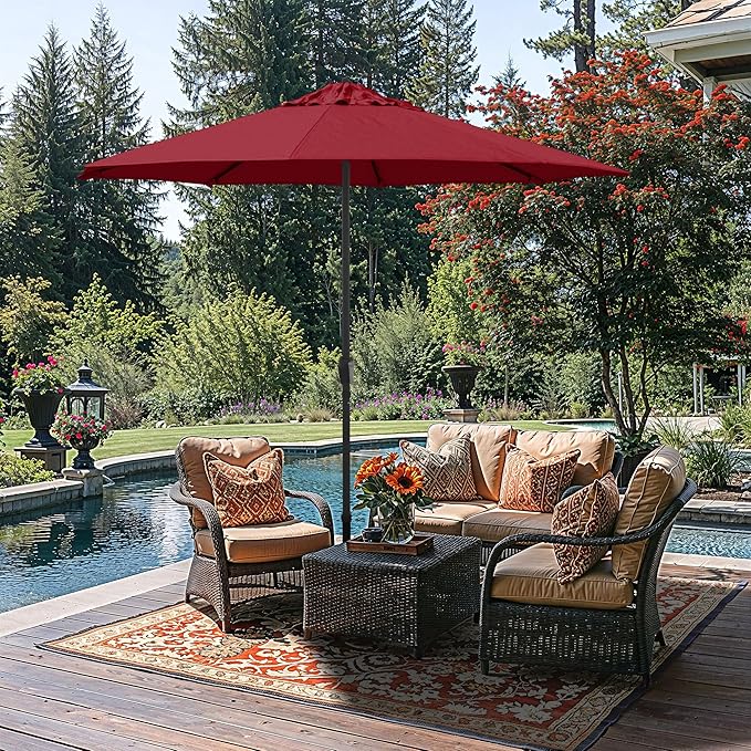 California Umbrella 8-Year Protection 9 Ft Outdoor Patio Umbrella, Solstice Fade-Resistant Fabric, Auto-Tilt, Heavy Duty Aluminum Frame, 8 Reinforced Ribs for Pool or Deck, Black Pole, Red