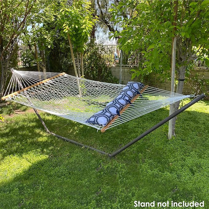 Sunnydaze Polyester Rope Double Hammock with Spreader Bars - 400-Pound Capacity - White with Navy and Gray Octagon Pillow