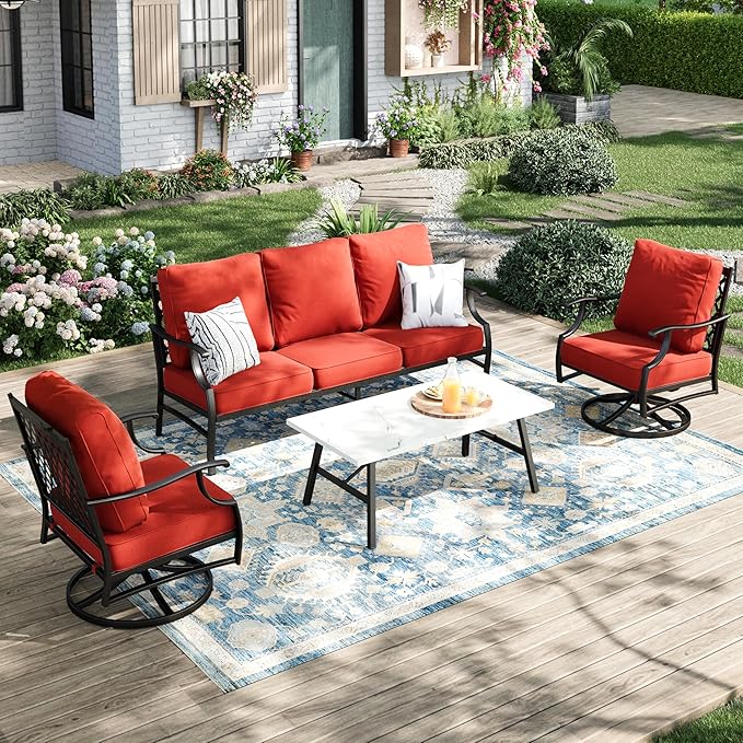 Patio Furniture Set 4 pcs, Metal Outdoor Patio Furniture, 3-Seat Sofa, 2 Swivel Chairs, Coffee Table and 5.75" Extra Thick Cushion, Patio Conversation Set for Backyard Deck, Red-Orange