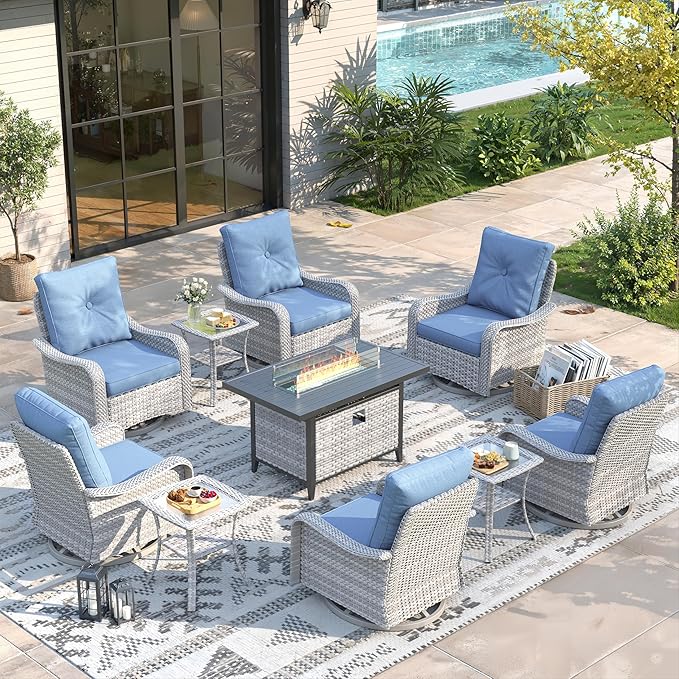 10 Piece Wicker Patio Furniture Set with 55,000 BTU Fire Pit Table, Swivel Rocking Chairs, 4''Cushions, PE Rattan, Wind Guard Glass, for Backyard, Deck or Balcony, Navy