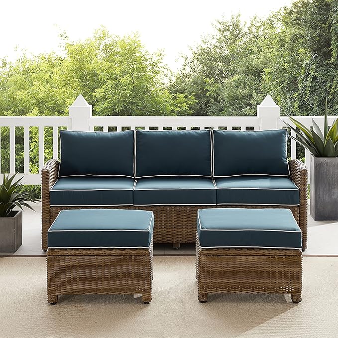 Crosley Furniture Bradenton 3-Piece Outdoor Sofa Patio Furniture Set, Wicker Conversation Sets for Porch, Brown with Navy Cushions