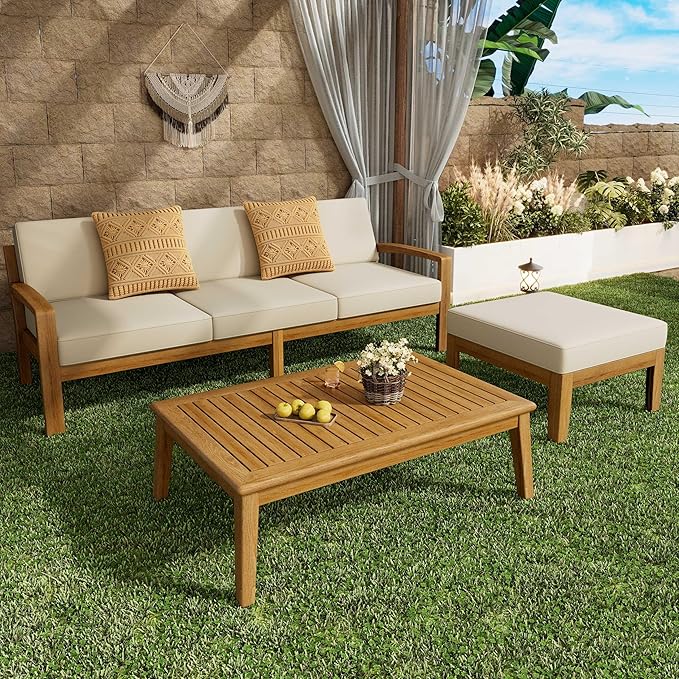 LUMISOL 3 Pieces Acacia Wood Patio Sectional Sofa with Coffee Table, L-Shaped Outdoor Furniture Set with Ottoman, Conversation Set Sectional Sofa with Cushions for Garden, Backyard, Poolside, Beige