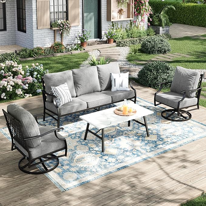 Patio Furniture Set 4 pcs, Outdoor Patio Furniture, 3-Seat Sofa, 2 Swivel Chairs, Coffee Table and 5.75" Extra Thick Cushion, Patio Conversation Set for Backyard Deck,Grey