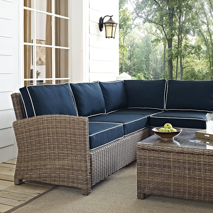 Crosley Furniture Bradenton 5-Piece Outdoor Sectional Sofa Wicker Conversation Patio Furniture Set for Deck, Brown with Navy Cushions