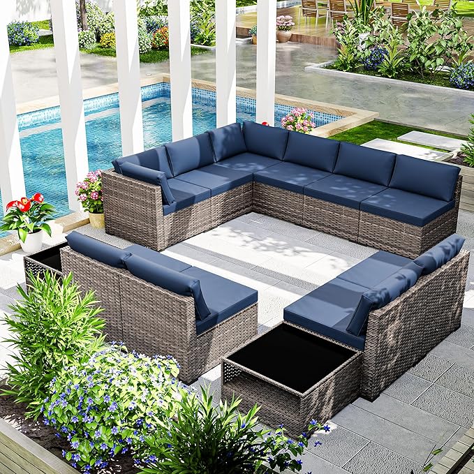 Joyside 12-Piece Patio Furniture Set, Rattan Outdoor Sectional Wicker Patio Conversation Set with Cushions and Coffee Table