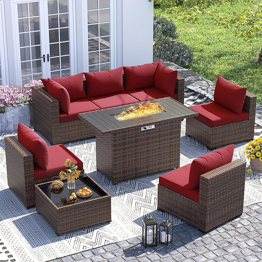 UDPATIO Outdoor Patio Furniture Set with Fire Pit Table, 8 Piece Outdoor Sectional Sofas, All-Weather Wicker Patio Conversation Set for Garden, Backyard Wine