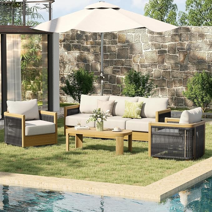 HAPPATIO Aluminum Patio Furniture Set, 3 Pieces Wood-Like Oversized 3-Seat Sofa Conversation Set with Thick Cushion, Curved Tub Design with Woven Rope Accents for Garden, Backyard, Poolside
