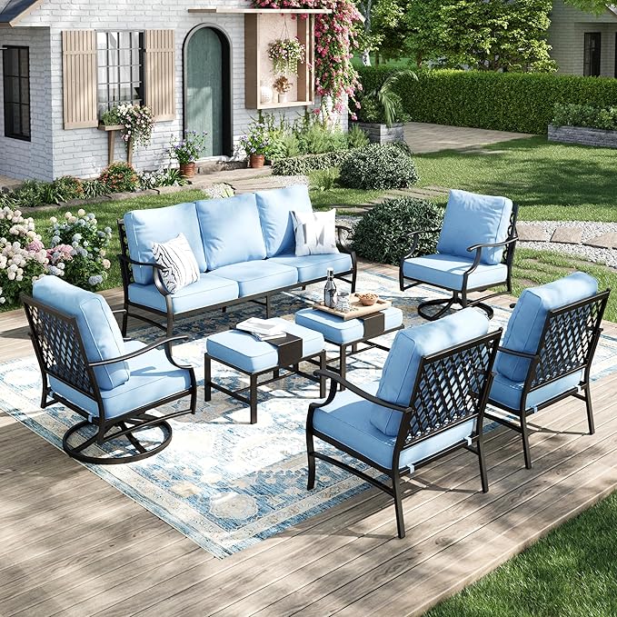 Patio Furniture Set 7 pcs, Outdoor Patio Furniture, 3-Seat Sofa, 2 Single Chairs, 2 Swivel Chairs, 2 Ottomans and 5.75" Extra Thick Cushion, Patio Conversation Set for Backyard Deck,Blue