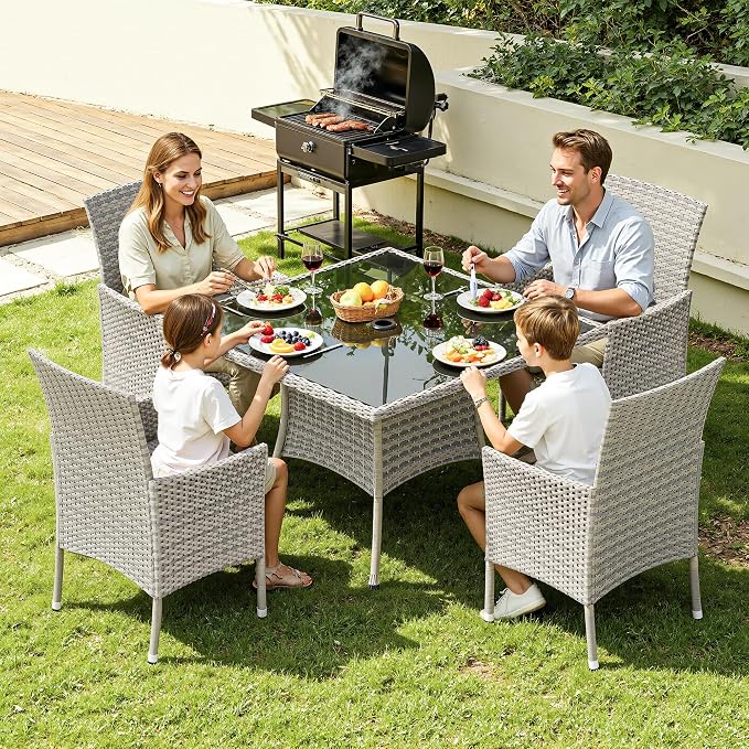 5-Piece Patio Dining Set, Patio Furniture Set with Square Tempered Glass Table & 4 Wicker Chairs, Expandable Design for Larger Groups, Outdoor Furniture for Backyard, Deck, Garden, Turquoise