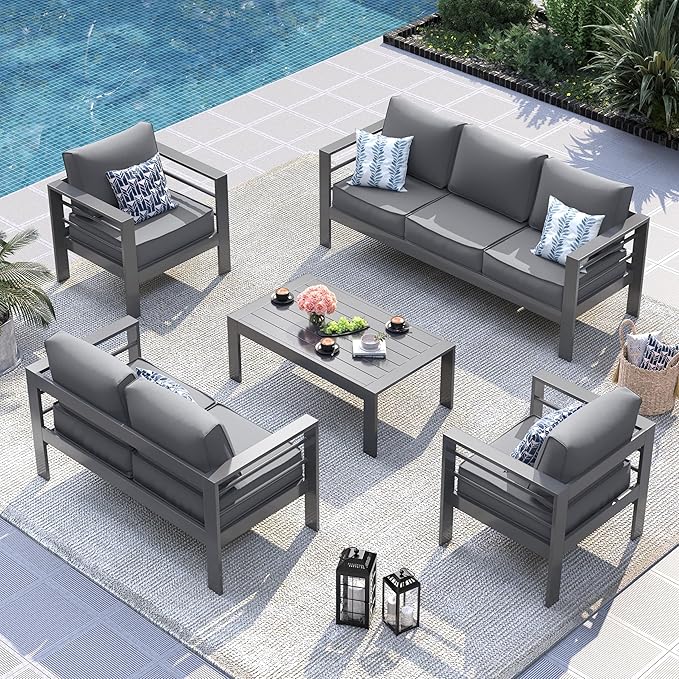 UDPATIO Aluminum Patio Furniture Set, 5 Pieces Outdoor Conversation Set with Waterproof Covers, All-Weather Modern Sectional Sofa for Patio, Deck, Backyard, Dark Grey/Dark Grey