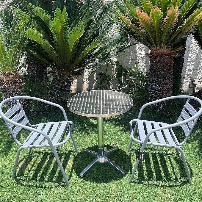 BTEXPERT Gray Indoor Outdoor Restaurant Stainless Steel Silver Aluminum + 2 Metal Slat Stack Commercial Lightweight, 2 Chairs with a 27.5" Round Table