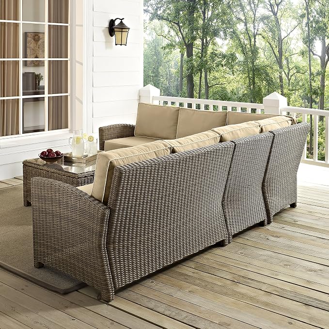 Crosley Furniture Bradenton 5-Piece Outdoor Sectional Sofa Wicker Conversation Patio Furniture Set for Deck, Brown with Sand Cushions