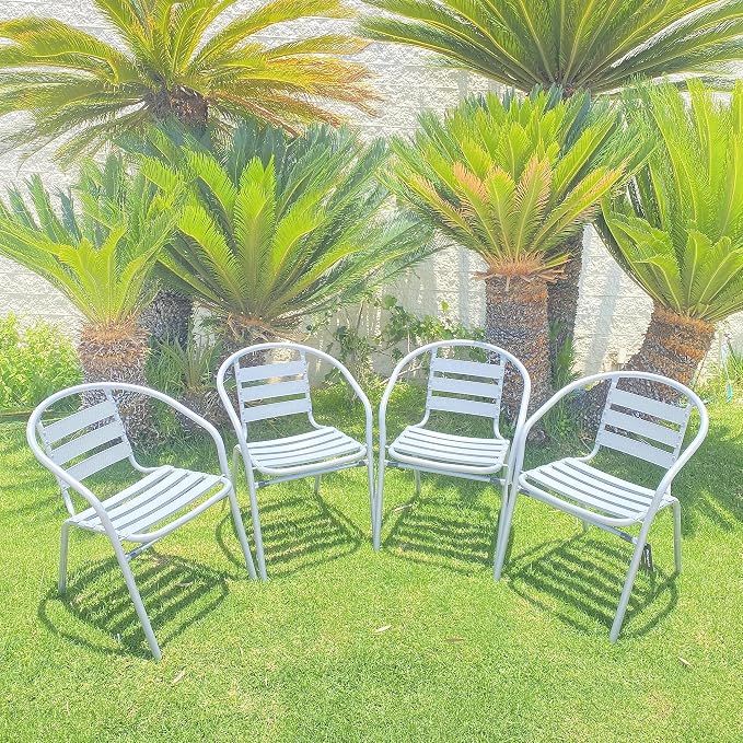 BTEXPERT Gray Indoor Outdoor Restaurant Stainless Steel Silver Aluminum + 4 Metal Slat Stack Lightweight, 4 Chairs with a 27.5" Round Table