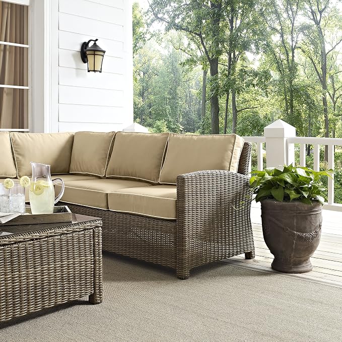 Crosley Furniture Bradenton 5-Piece Outdoor Sectional Sofa Wicker Conversation Patio Furniture Set for Deck, Brown with Sand Cushions