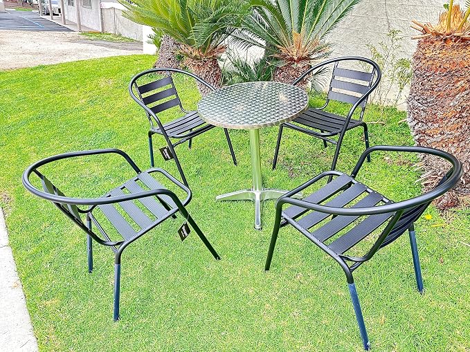 BTEXPERT Indoor Outdoor Restaurant Stainless Steel Aluminum Metal Slat Stack Lightweight, 4 Chairs with a 27.5" Round Table, Silver/Black