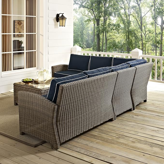 Crosley Furniture Bradenton 5-Piece Outdoor Sectional Sofa Wicker Conversation Patio Furniture Set for Deck, Brown with Navy Cushions
