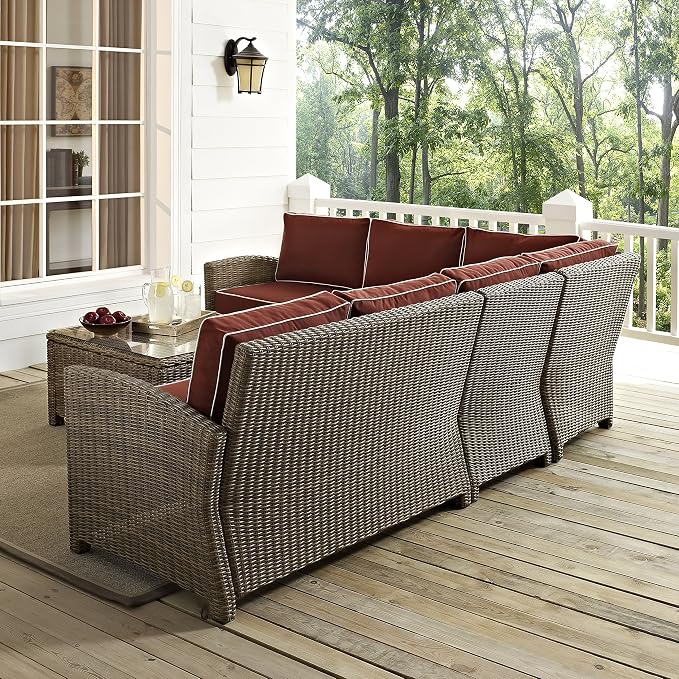 Crosley Furniture Bradenton 5-Piece Outdoor Sectional Sofa Wicker Conversation Patio Furniture Set for Deck, Brown with Sangria Cushions