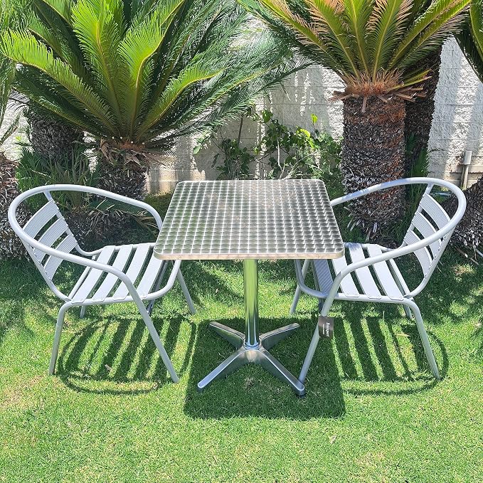 BTEXPERT Indoor Outdoor Restaurant Stainless Steel Aluminum + 2 Silver Gray Metal Slat Stack Commercial Lightweight, 2 Chairs with a 27.5" Square Table