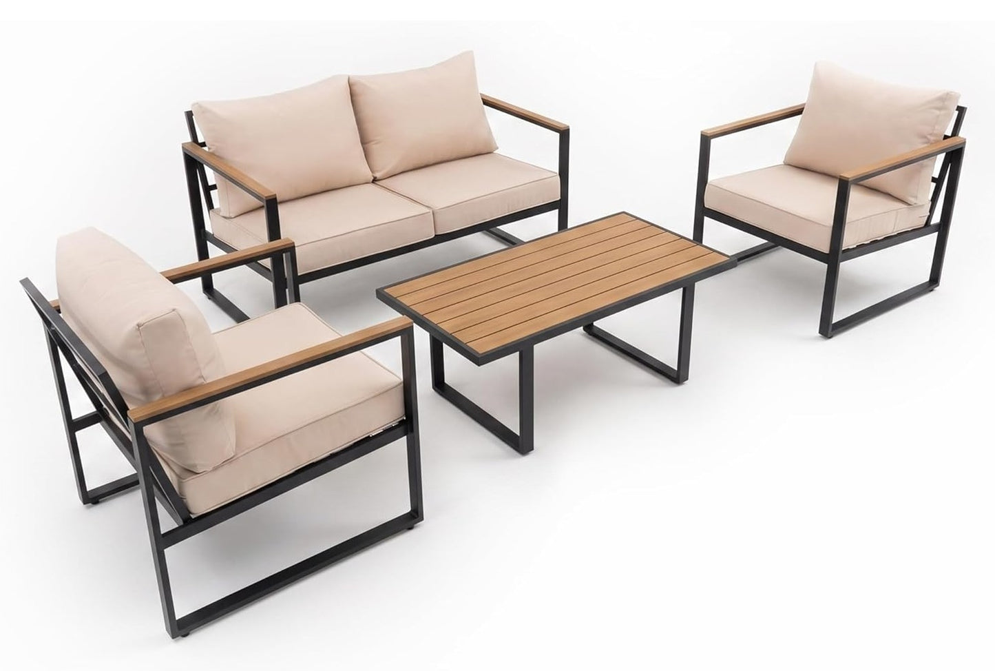 Patio Furniture Set 4-Piece, Outdoor Conversation Set with Washable Cushions, Conversation Set with 2 Chairs & Coffee Table Patio Sectional Furniture for Pool, Garden, Balcony, Beige