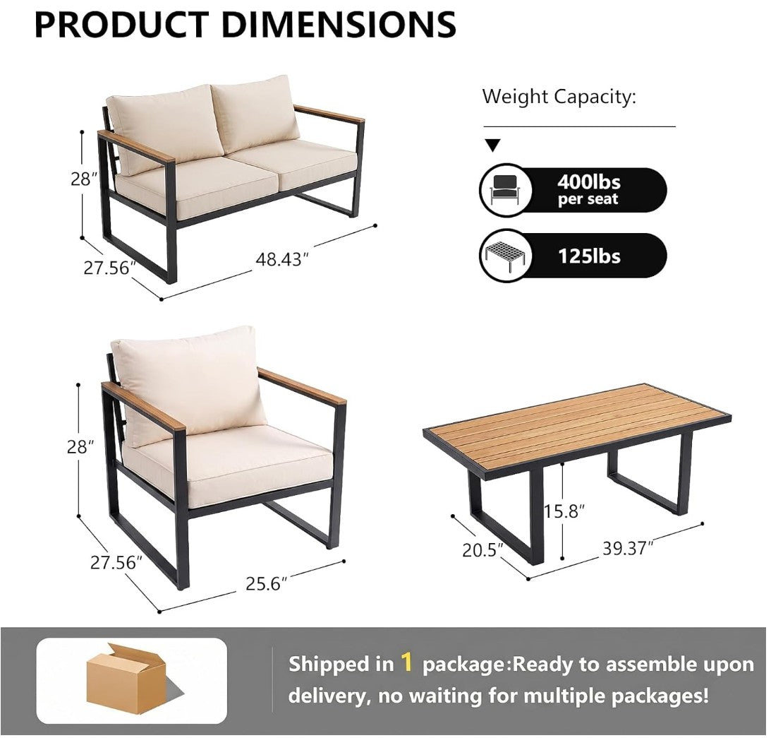 Patio Furniture Set 4-Piece, Outdoor Conversation Set with Washable Cushions, Conversation Set with 2 Chairs & Coffee Table Patio Sectional Furniture for Pool, Garden, Balcony, Beige
