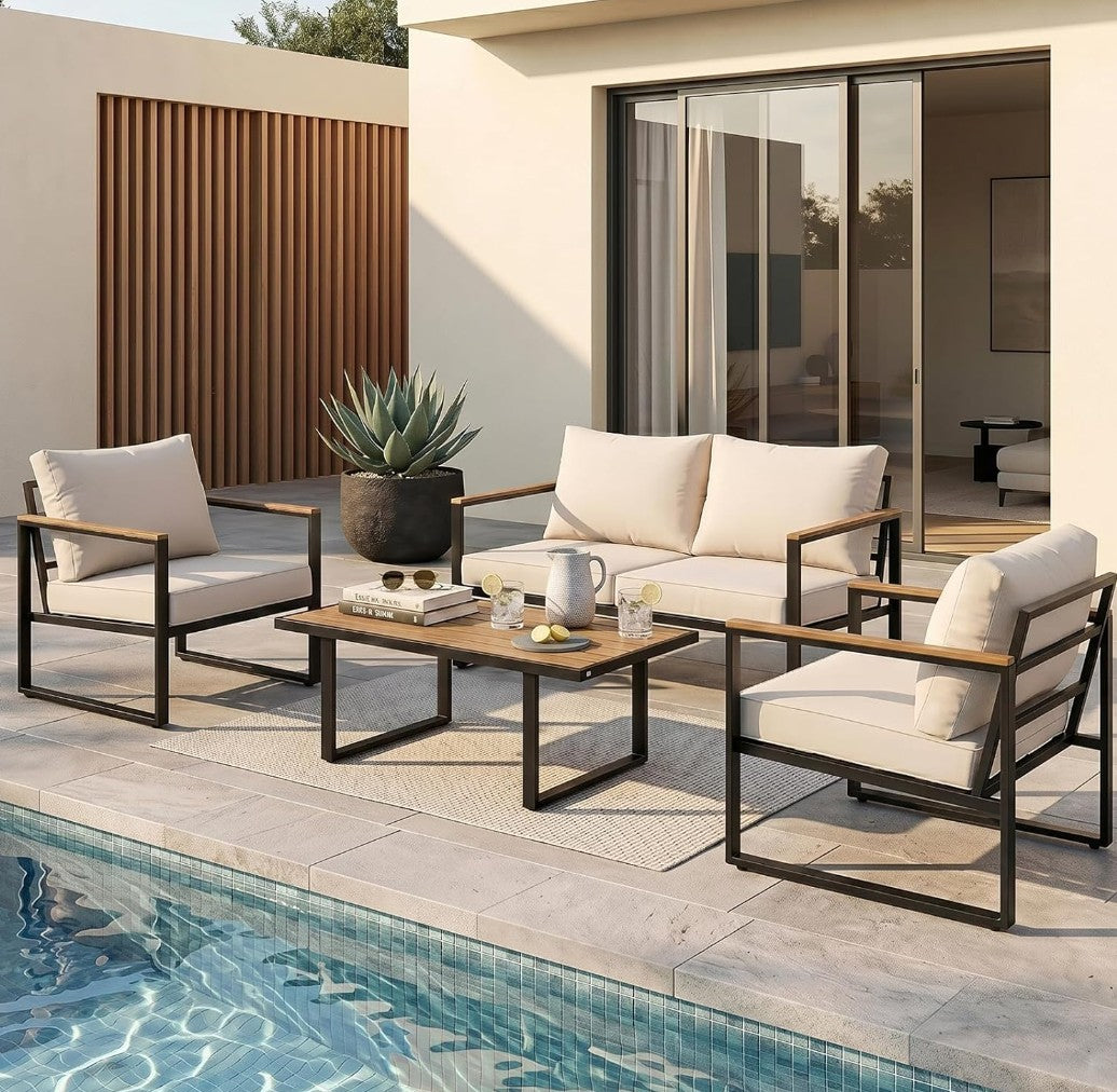 Patio Furniture Set 4-Piece, Outdoor Conversation Set with Washable Cushions, Conversation Set with 2 Chairs & Coffee Table Patio Sectional Furniture for Pool, Garden, Balcony, Beige