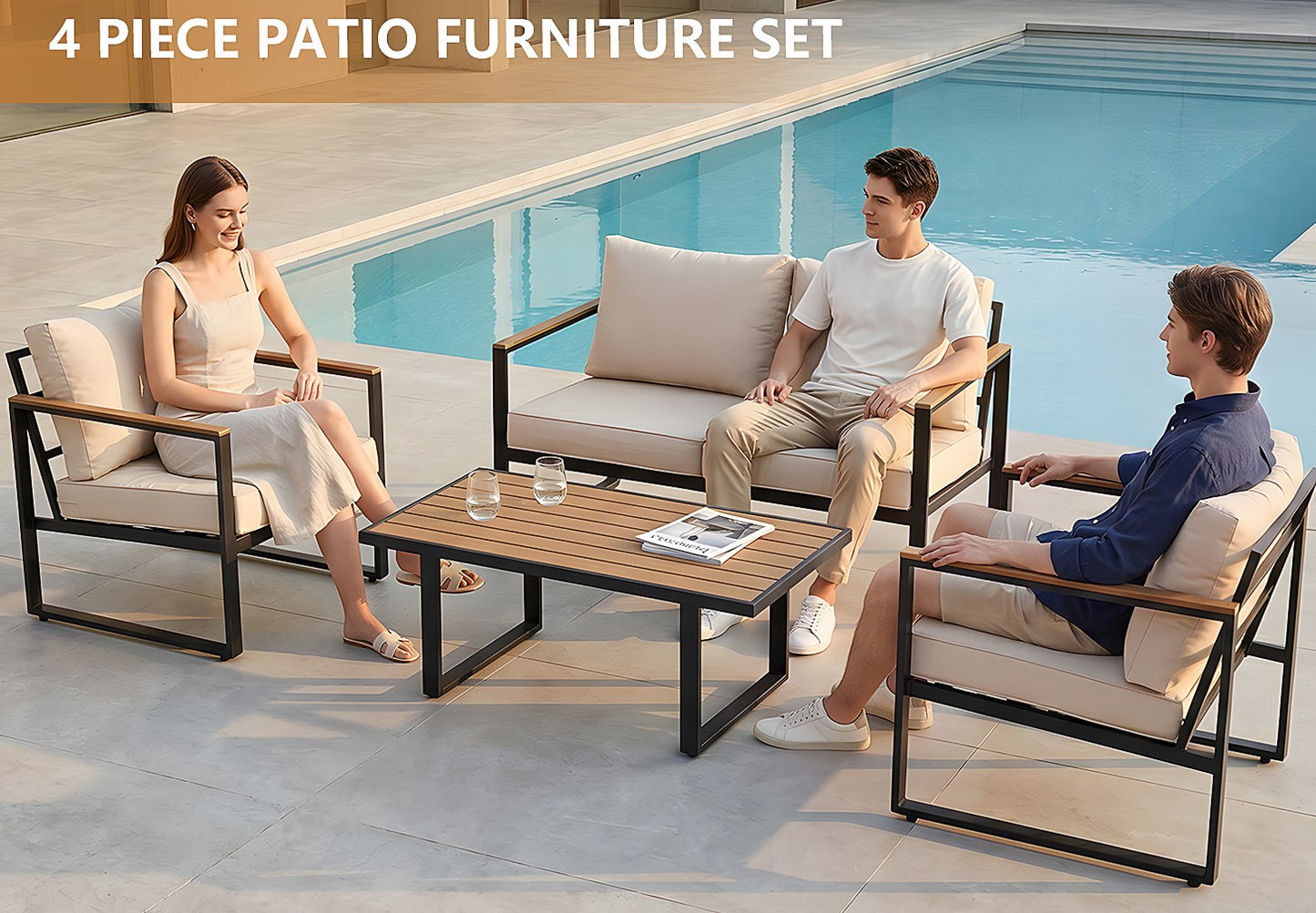 Patio Furniture Set 4-Piece, Outdoor Conversation Set with Washable Cushions, Conversation Set with 2 Chairs & Coffee Table Patio Sectional Furniture for Pool, Garden, Balcony, Beige