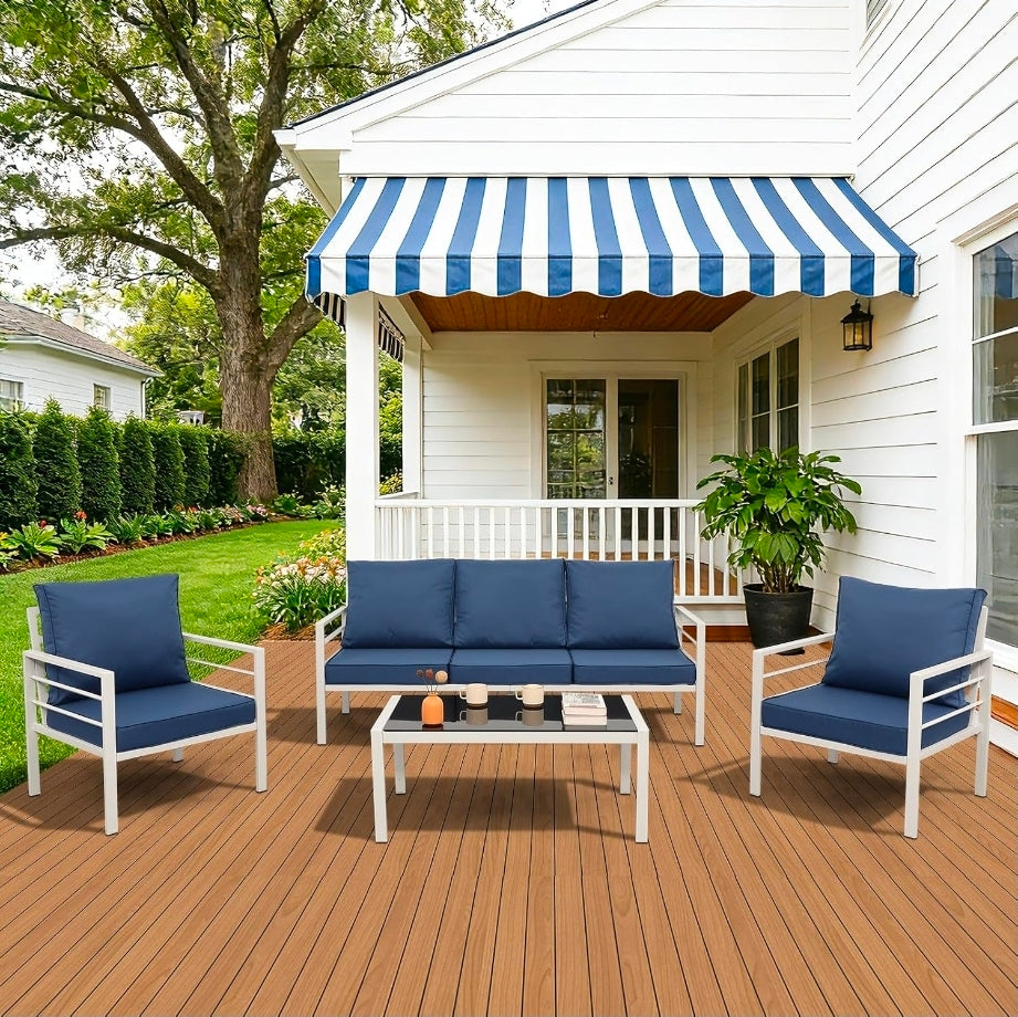 Oasishine Patio Furniture Set Aluminum 4 Pieces White Metal Outdoor Furniture Set Glass Coffee Table with No-Slip Cushions and Waterproof Covers, Navy Blue
