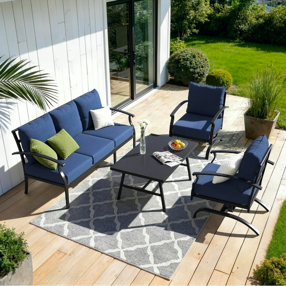 4 Piece Metal Outdoor Patio Furniture Set, Outdoor Sectional Sofa
All Weather Patio Conversation Set with 5" Thick Cushions and Coffee Table,Removable Cover,for Backyard,Porch,Balcony,Blue