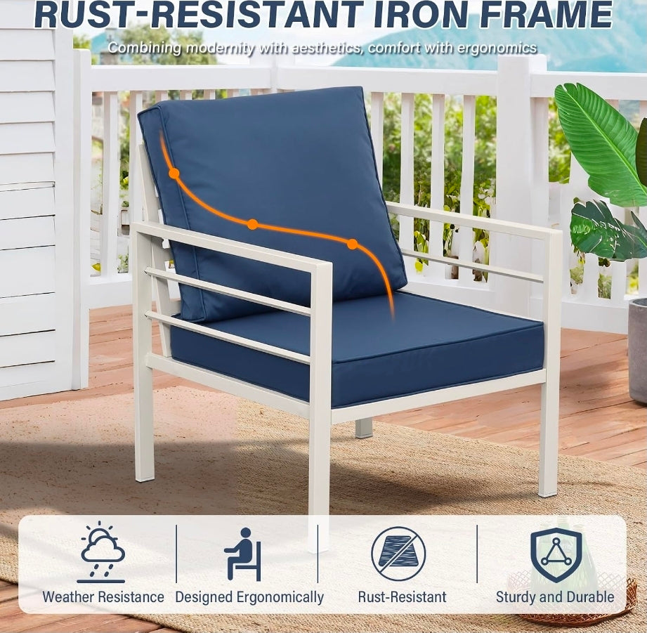 Oasishine Patio Furniture Set Aluminum 4 Pieces White Metal Outdoor Furniture Set Glass Coffee Table with No-Slip Cushions and Waterproof Covers, Navy Blue