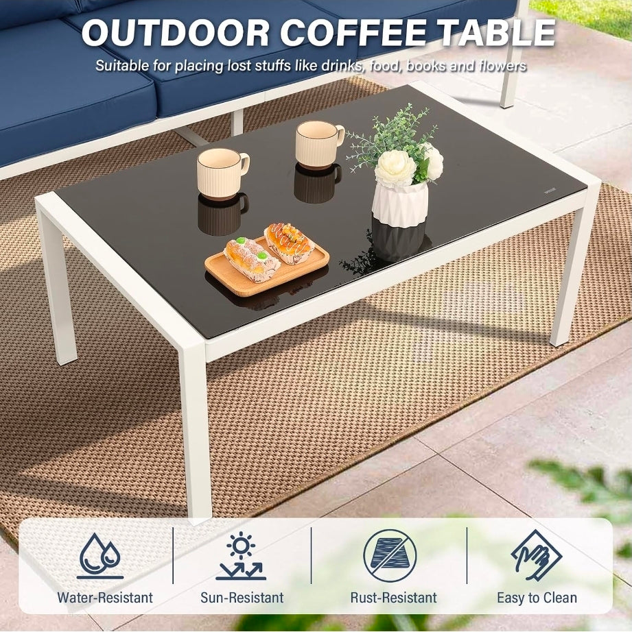 Oasishine Patio Furniture Set Aluminum 4 Pieces White Metal Outdoor Furniture Set Glass Coffee Table with No-Slip Cushions and Waterproof Covers, Navy Blue