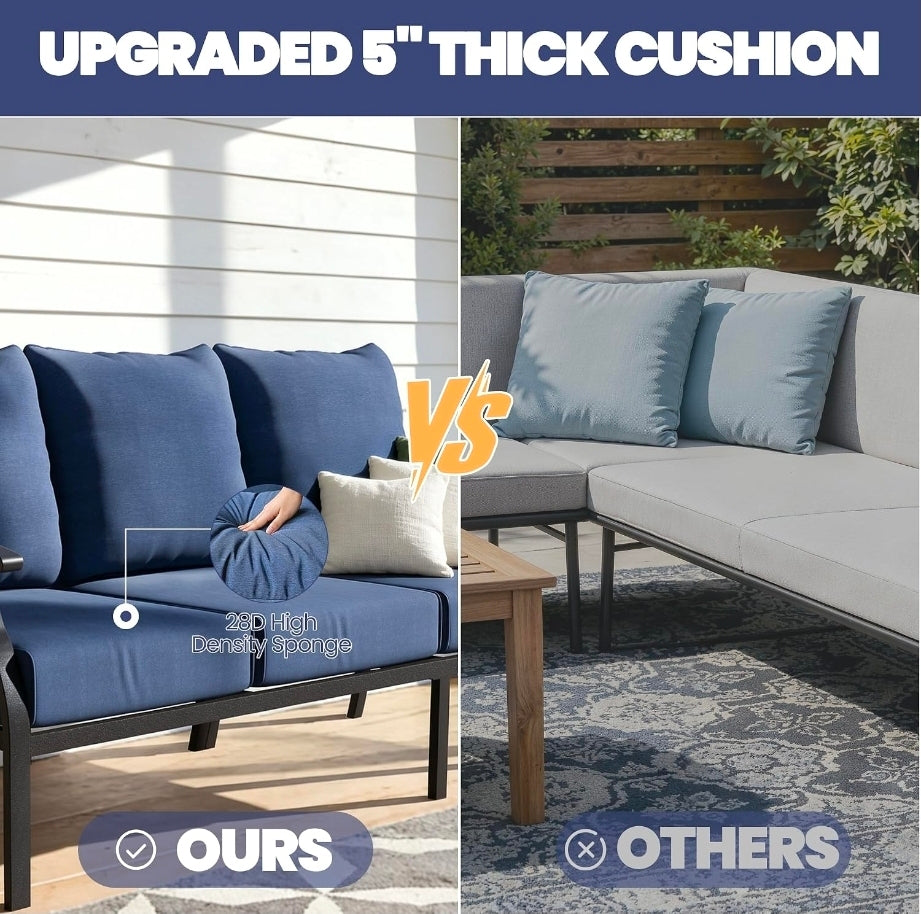 4 Piece Metal Outdoor Patio Furniture Set, Outdoor Sectional Sofa
All Weather Patio Conversation Set with 5" Thick Cushions and Coffee Table,Removable Cover,for Backyard,Porch,Balcony,Blue
