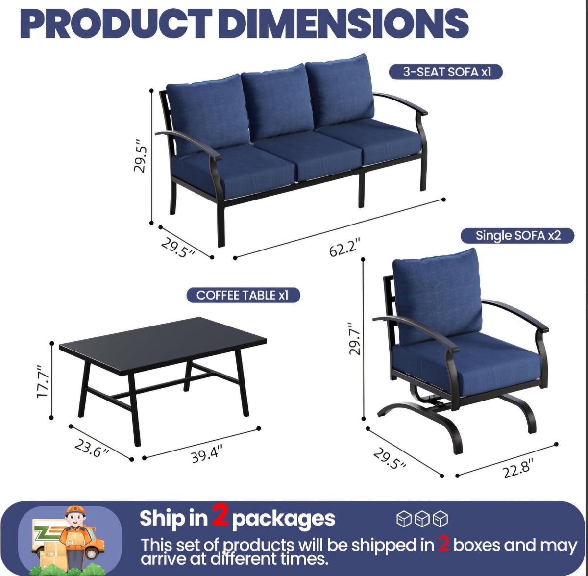 4 Piece Metal Outdoor Patio Furniture Set, Outdoor Sectional Sofa
All Weather Patio Conversation Set with 5" Thick Cushions and Coffee Table,Removable Cover,for Backyard,Porch,Balcony,Blue