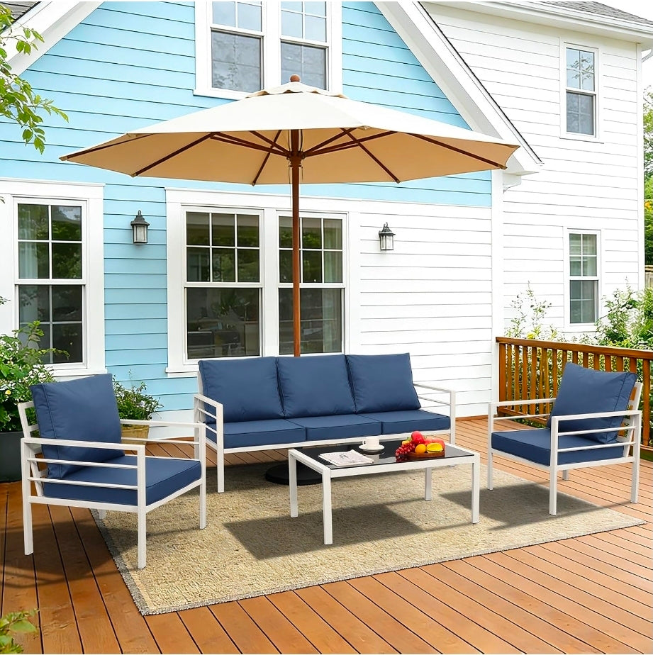 Oasishine Patio Furniture Set Aluminum 4 Pieces White Metal Outdoor Furniture Set Glass Coffee Table with No-Slip Cushions and Waterproof Covers, Navy Blue